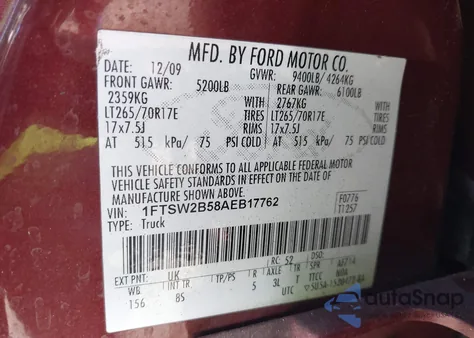 2010 Ford F-250 Cabela's/King Ranch/Lariat/Xl/Xlt z USA, uszkodzony, nr VIN 1FTSW2B58AEB17762